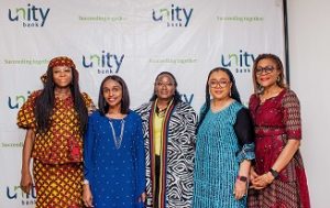  From left: Mrs. Patricia Ahunanya, Chief Compliance Officer, Unity Bank Plc; Nkechinyere Ojiego, General Manager of Simba Group; Mrs. Adenike Abimbola, Divisional Head, Retail and SME Banking, Unity Bank Plc; Angela Ajala, Coordinator, ANWBN and Lady Isioma Fidel-Ewerem, from Women in Renewable Energy at the capacity-building workshop for women entrepreneurs held recently at Unity Bank HQ in Lagos.